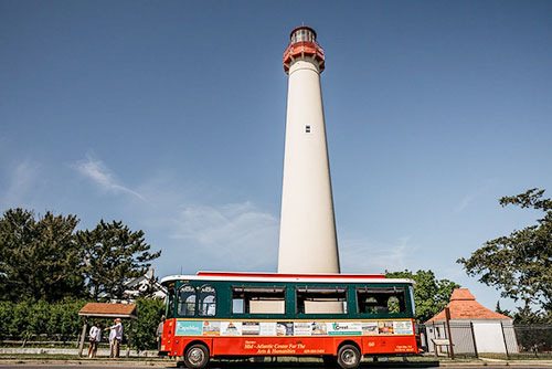 Trolley in front of the Cape May Lighthouse
