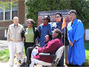 Alumni and descendents of alumni attended the dedication of an interpretive sign in front of the Franklin Street School in April 2004.  Left to right:  John Nash, Emily Dempsey, Wanda Evelyn, Dorothy Jarmon, Robin Wise, Shirley "Becki" Wilson