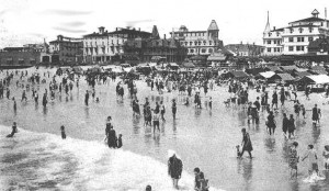 ES3Strand1 The famous Cape May strand proved to be the savior of the troubled resort after the 1878 fire. None of Cape May's competitors could offer the public the gentle sloping floor of beautiful white sand that has made Cape May famous. (Cape May County Historical Society) Click for larger