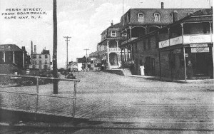 The city was rebuilt as a smaller, scaled-down version of itself after the 1878 fire.  This decision preserved the intimate scale of the resort that is so valued today. (above) Turn-of-the-century view of Perry Street taken from the boardwalk. (Author's collection) Click for larger