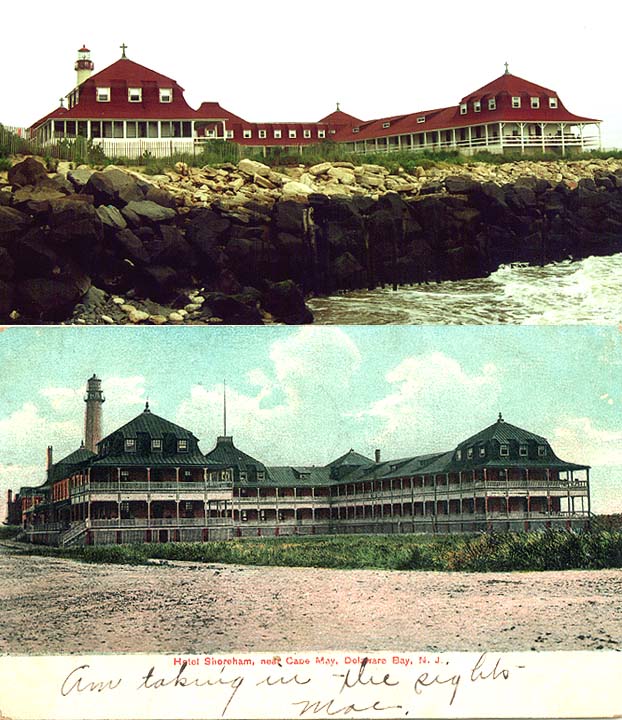 StMarysCompW Top photo (August, 2000) shows the precarious perch that steady beach erosion has caused around the solid ground under the former Shoreham Hotel, now St. Mary's by the Sea. Note there are still two levels to the building, but the wall of defending rock blocks the photographer's view from his own precarious position on a wet jetty. The postcard (a colorized rendering from a black and white photo taken from nearly the same point-of-view as above, but apparently on solid ground) was sent home by a visitor to the Shoreham Hotel in 1907 and acquired by Cape Publishing for this article.