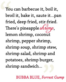bubba-shrimp You can barbecue it, bol it, broil it, bake it, saute it...pan fried, deep fried, stir-fried. There's pineapple shrimp, lemon shrimp, coconut shrimp, pepper shrimp, shrimp soup, shrimp stew, shrimp salad, shrimp and potatoes, shrimp burger, shrimp sandwich... BUBBA BLUE, Forrest Gump