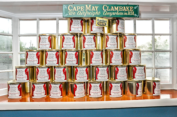 Stacked cans of the Lobster House clambake