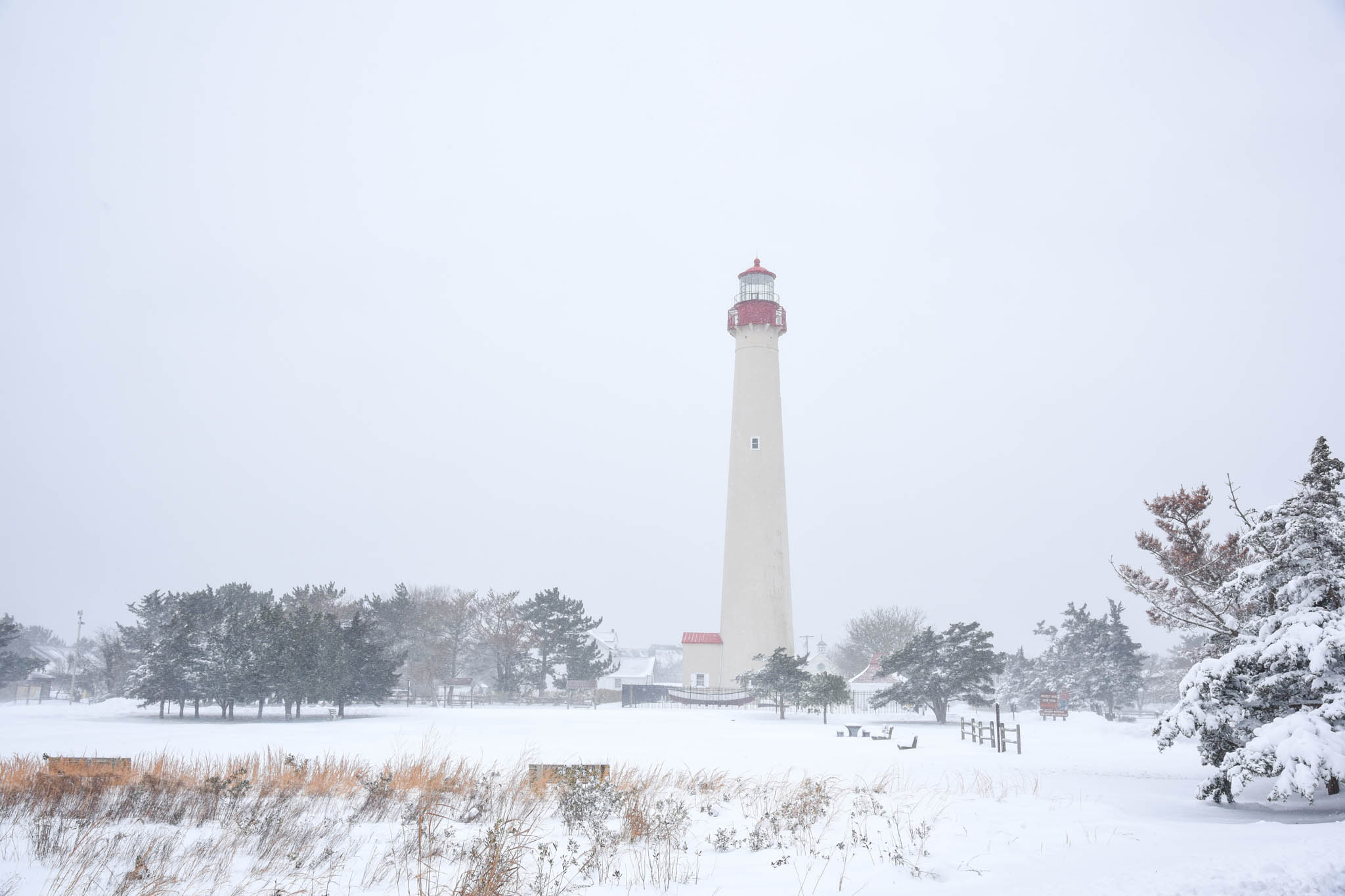 Cape May Lighthouse in snow.