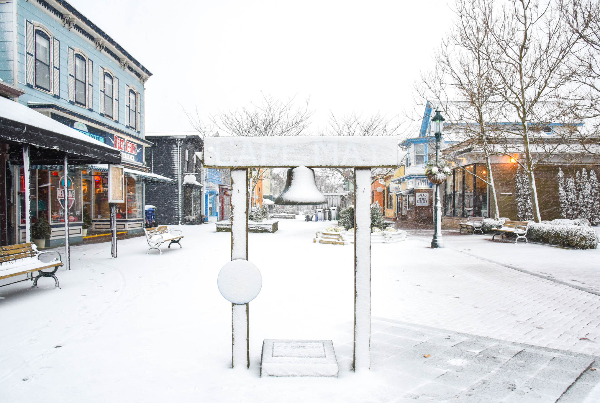 Snow covered Bell on Washington Street Mall.