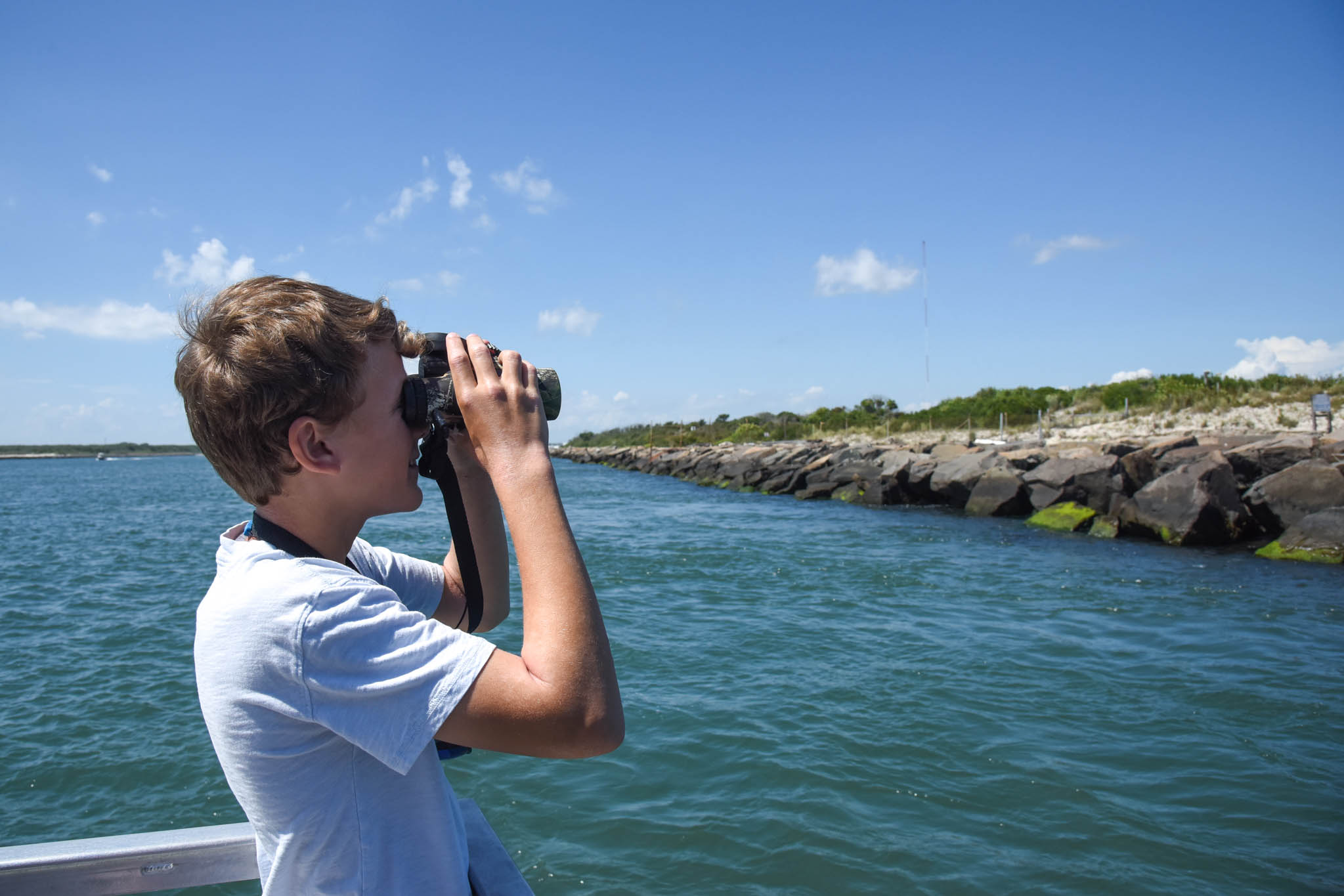 Liam looking for birds on the Salt Marsh Safari in the inlet.