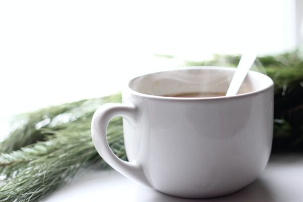 A steaming cup of soup