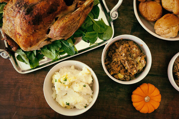 Flat view of Turkey and Thanksgiving side dishes