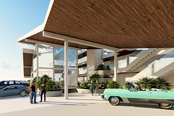 Rendering of a mid-century hotel exterior