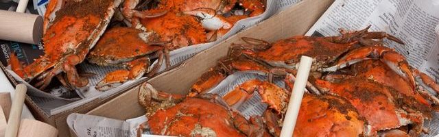 Boxes of steamed crabs and wooden hammers on newspapers