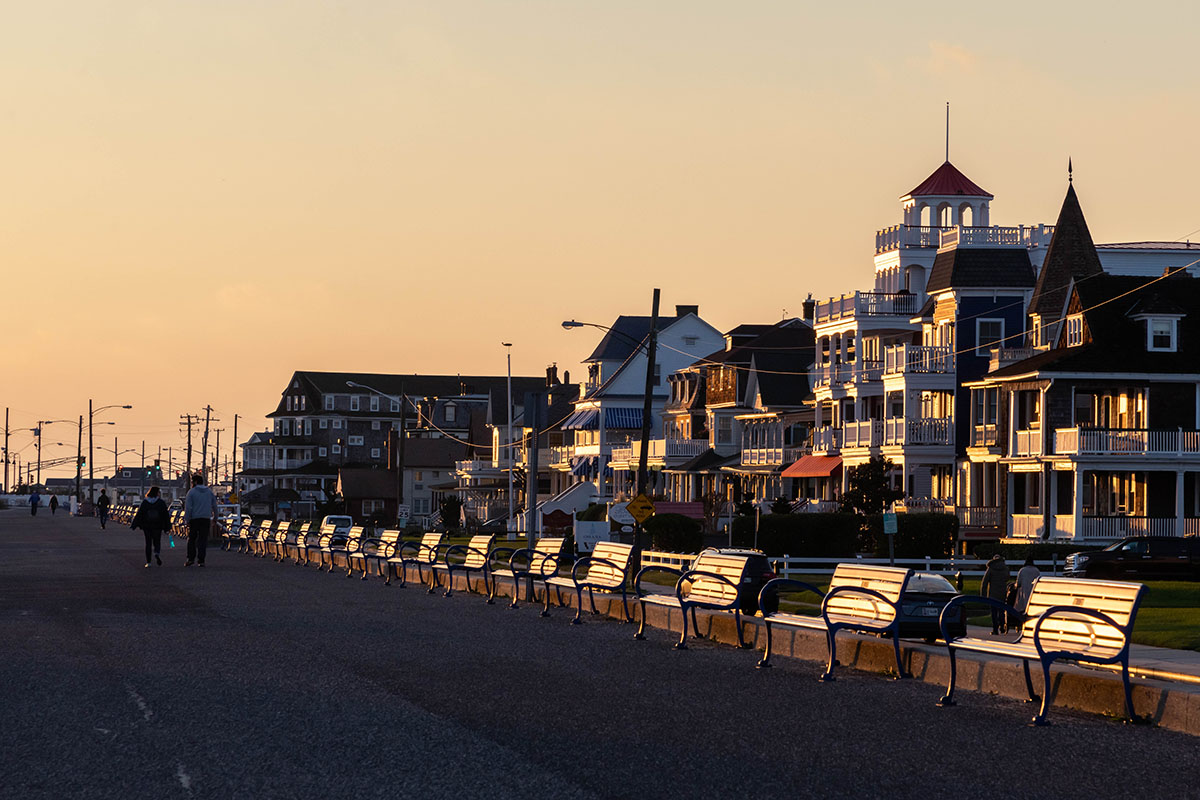 Sunlight shining on the houses along Beach Ave and on the promenade