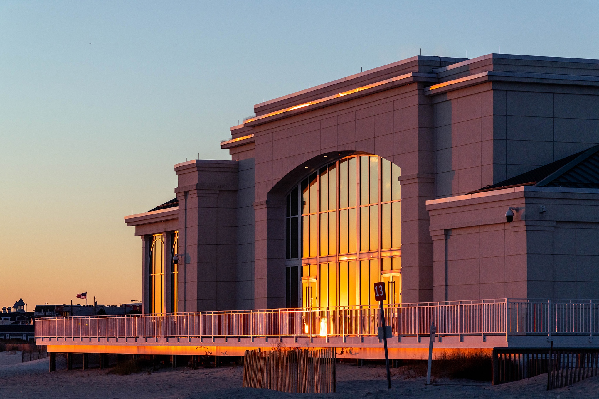 Sunset light reflecting off the windows on Convention Hall