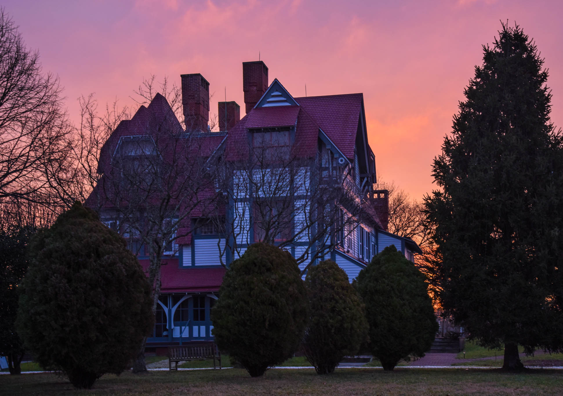 Emlen Physick Estate during a pink sunrise