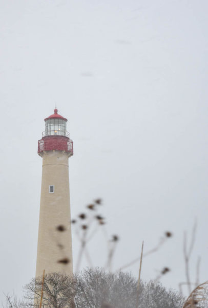 Cape May Lighthouse with snow and ice falling