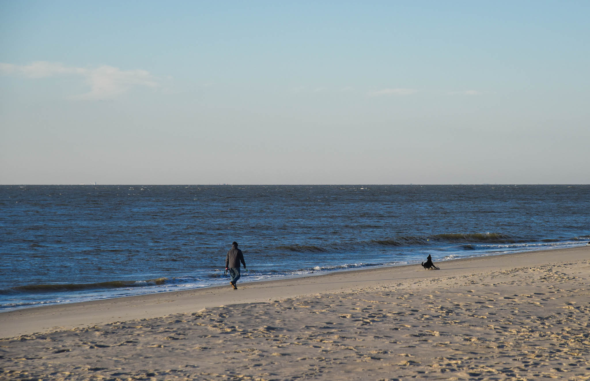 man tosses ball to the dog on the beach