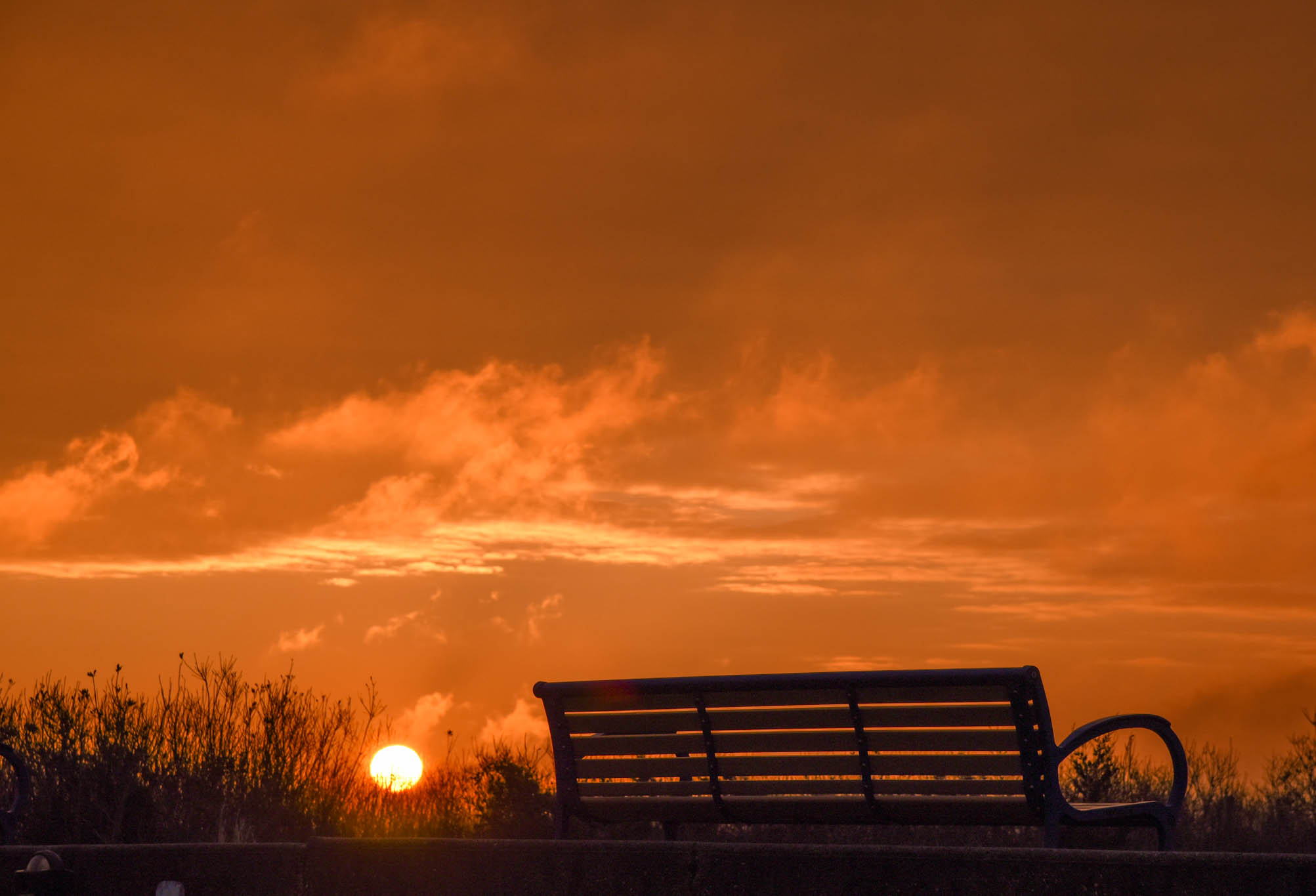 Sunrise looking at a bench of the Promenade. 