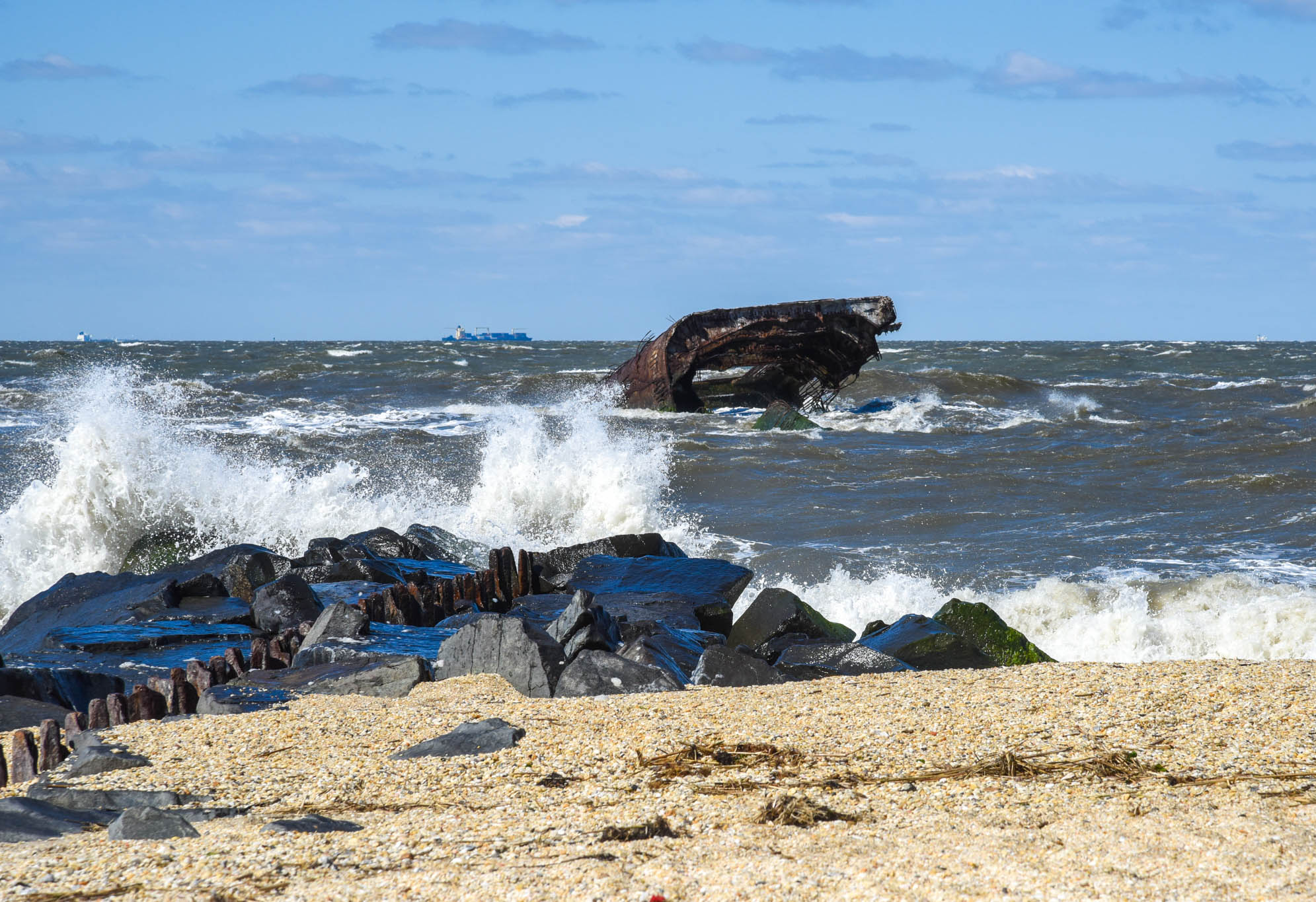 Windy Day At Sunset Beach looking at the waves crashing and the SS Atlantus