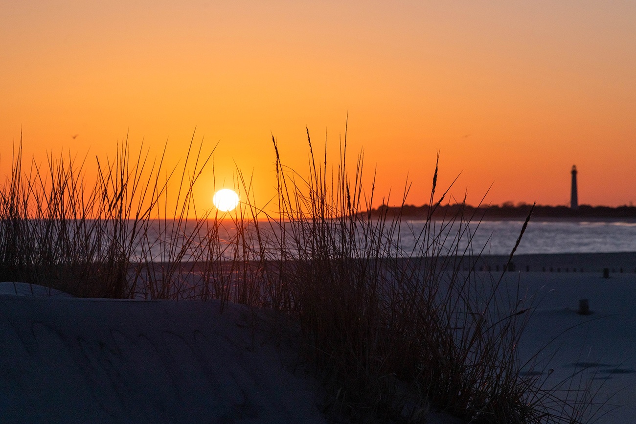 Sun setting through beach dunes with the Cape May Lighthouse in the distance