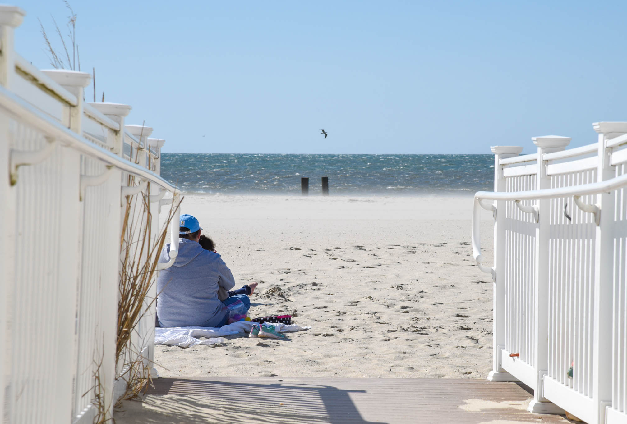 daddy holding a little girl on the beach looking at the ocean