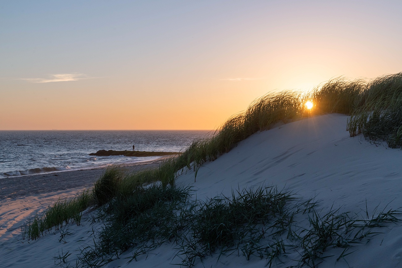 The sun setting behind beach dunes with the ocean in the distance