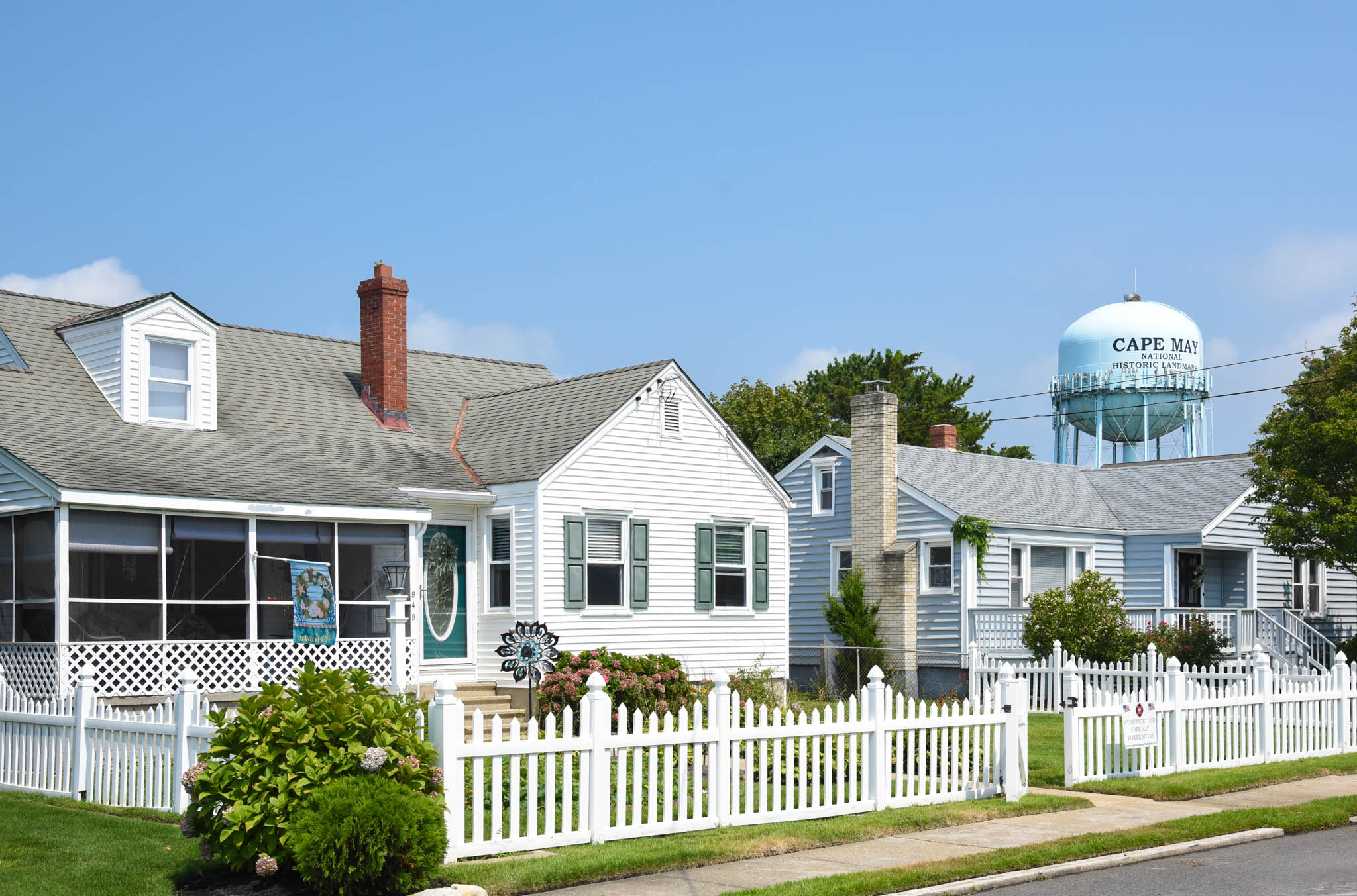 Sewell Avenue view of two homes with the Cape May Water tower just behind them.