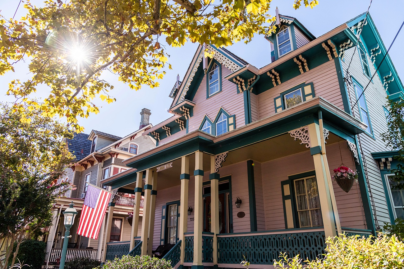 A pink and green Victorian house with the sun shining through yellow leaves on a tree