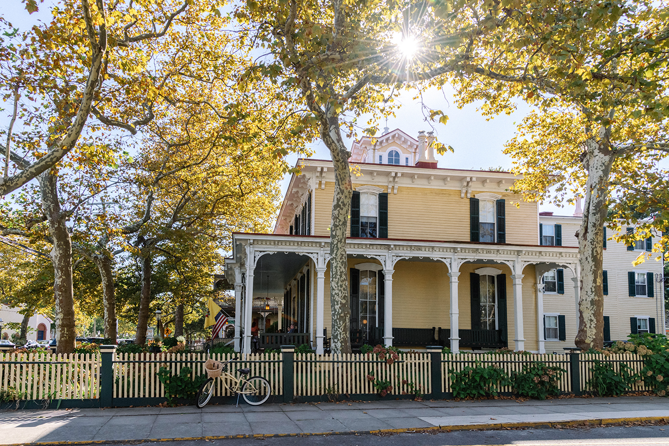 Sun shining through yellow leaves on trees surrounding the Mainstay Inn 