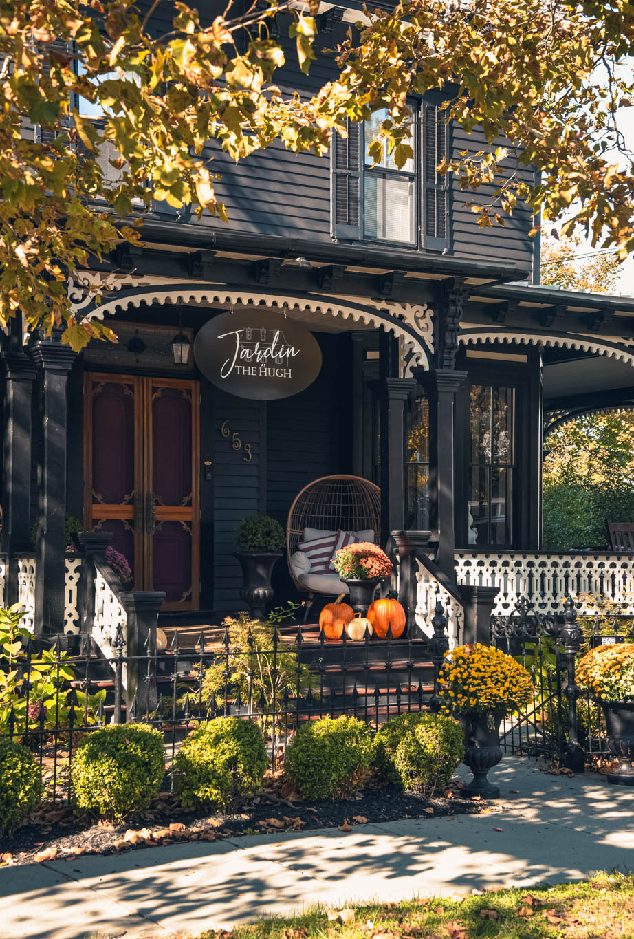 The Hugh B&B of the front porch with Pumpkins!