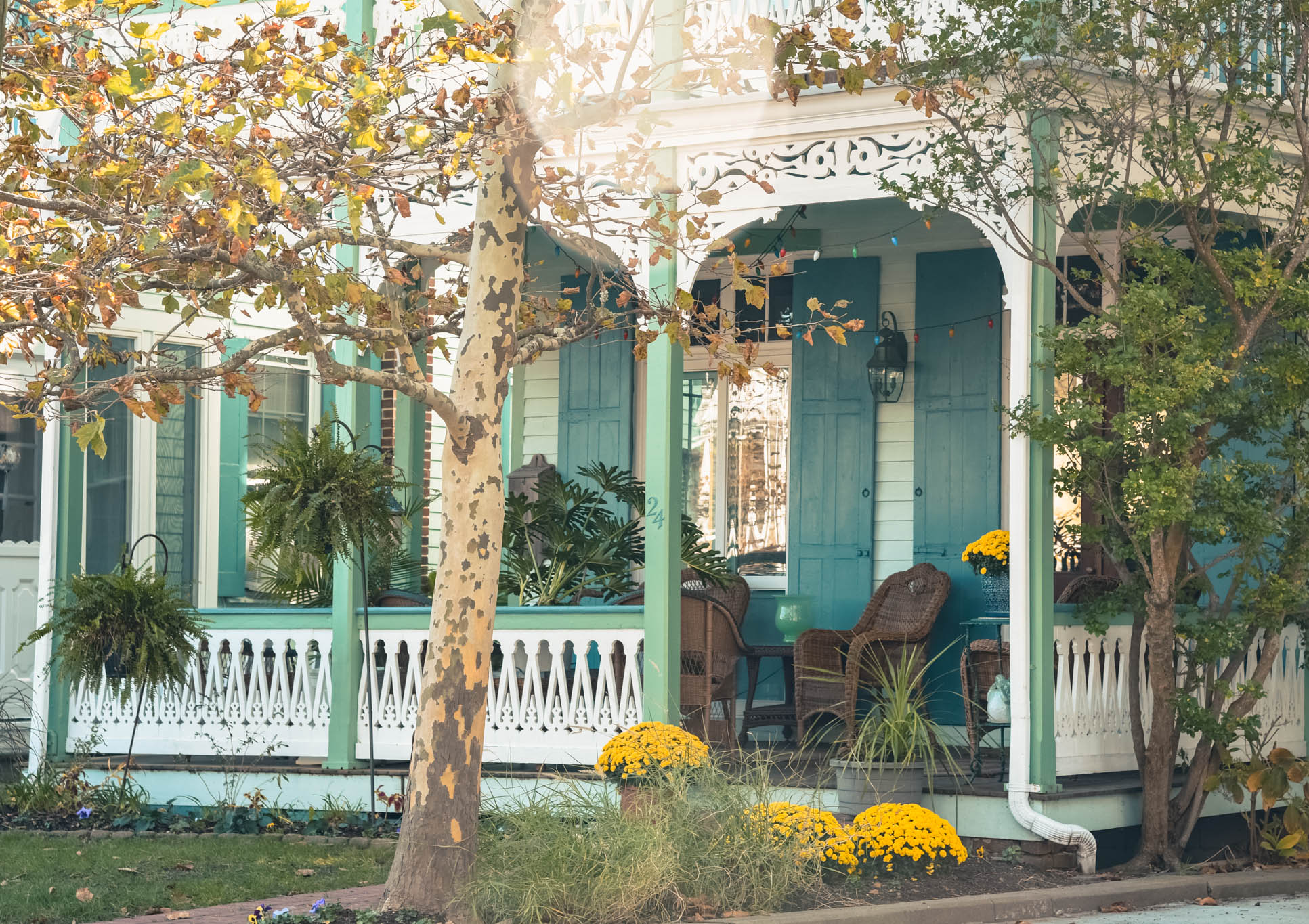 A picture of a front porch late in the afternoon