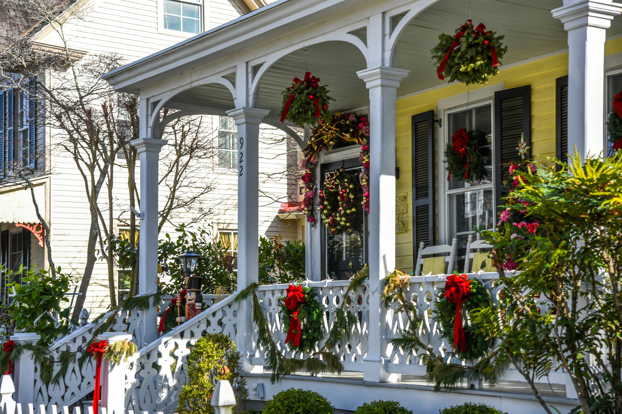 Front porch on Washington Street with holiday decor