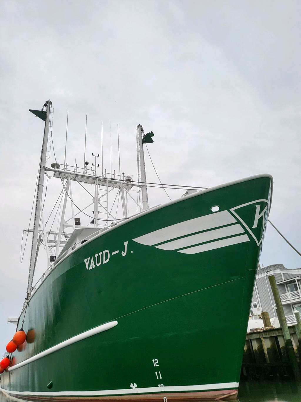 On the water looking up at The Vaud J fishing boat.