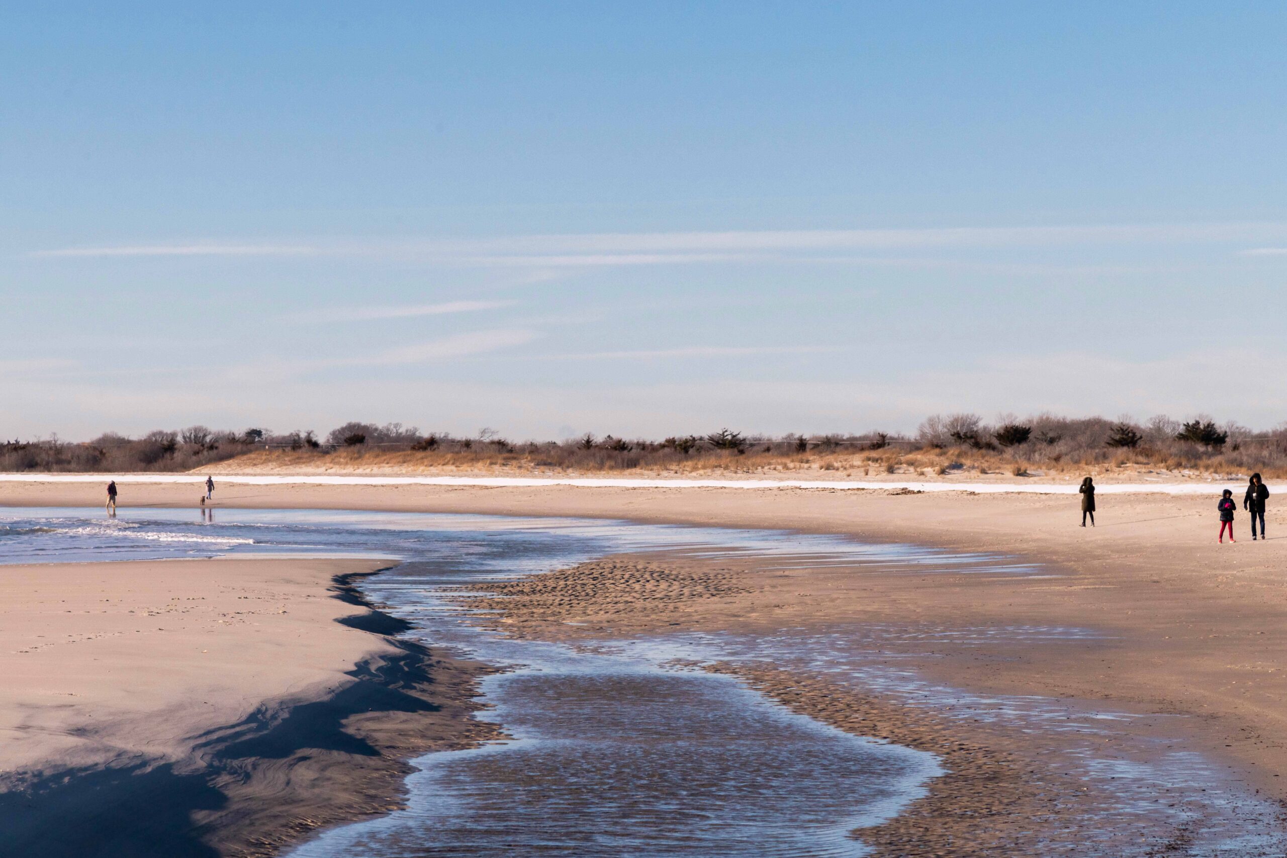 Various groups of people walking on the beach in the distance with a clear blue sky and the shoreline and ocean in the foreground