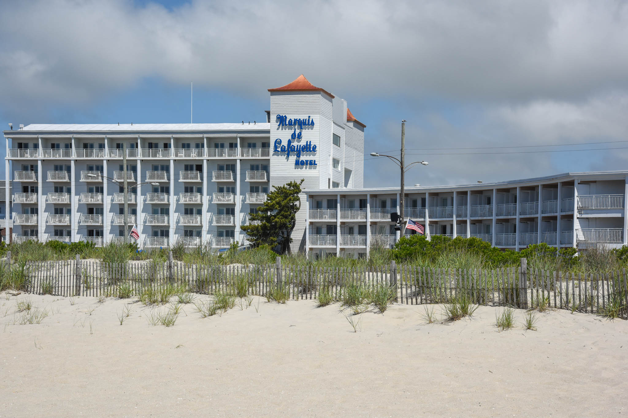 On the beach looking over the dunes at the Marquis de Lafayette Hotel