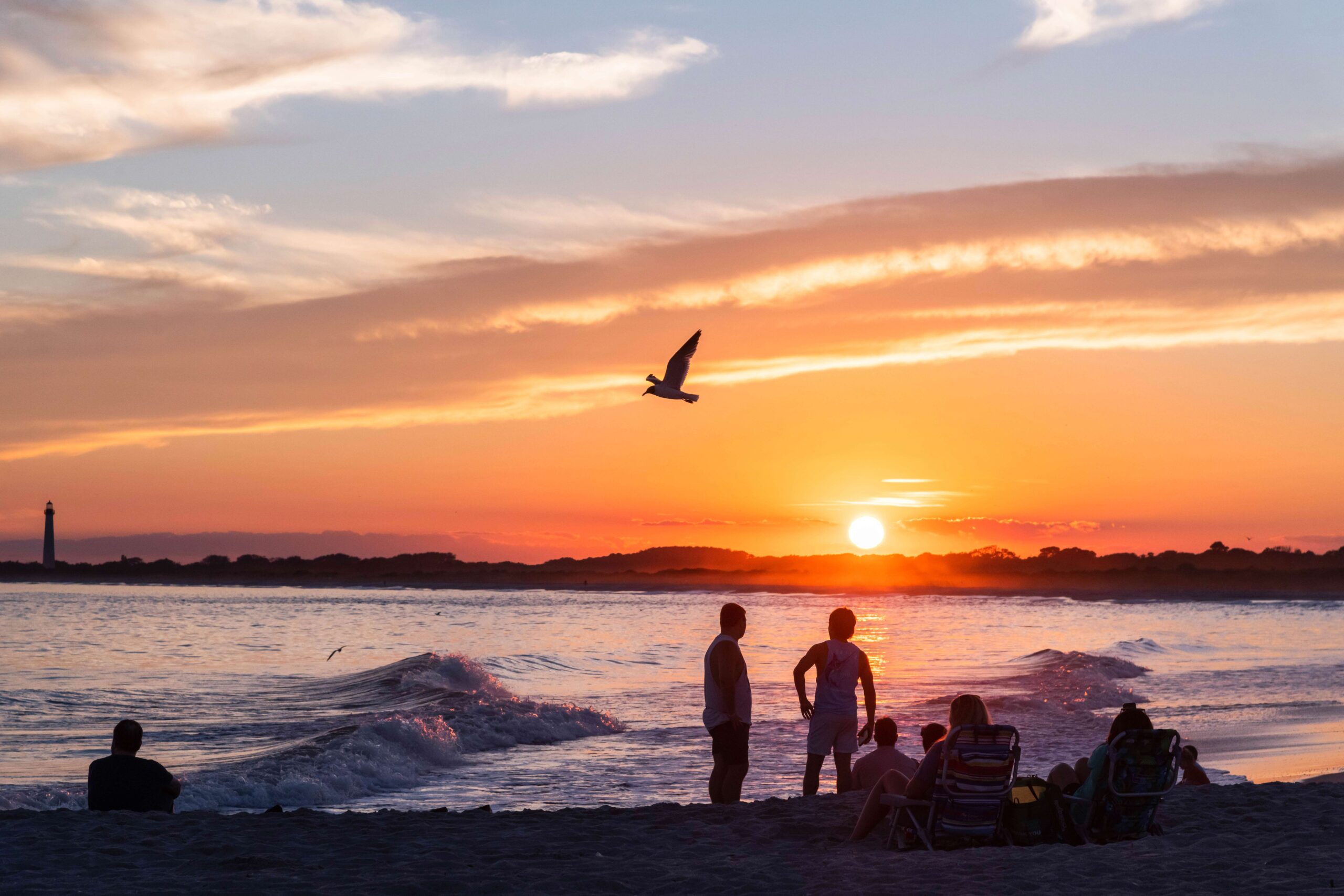 People sitting and standing at the beach by the ocean watching sunset with the lighthouse in the distance and a seagull flying past