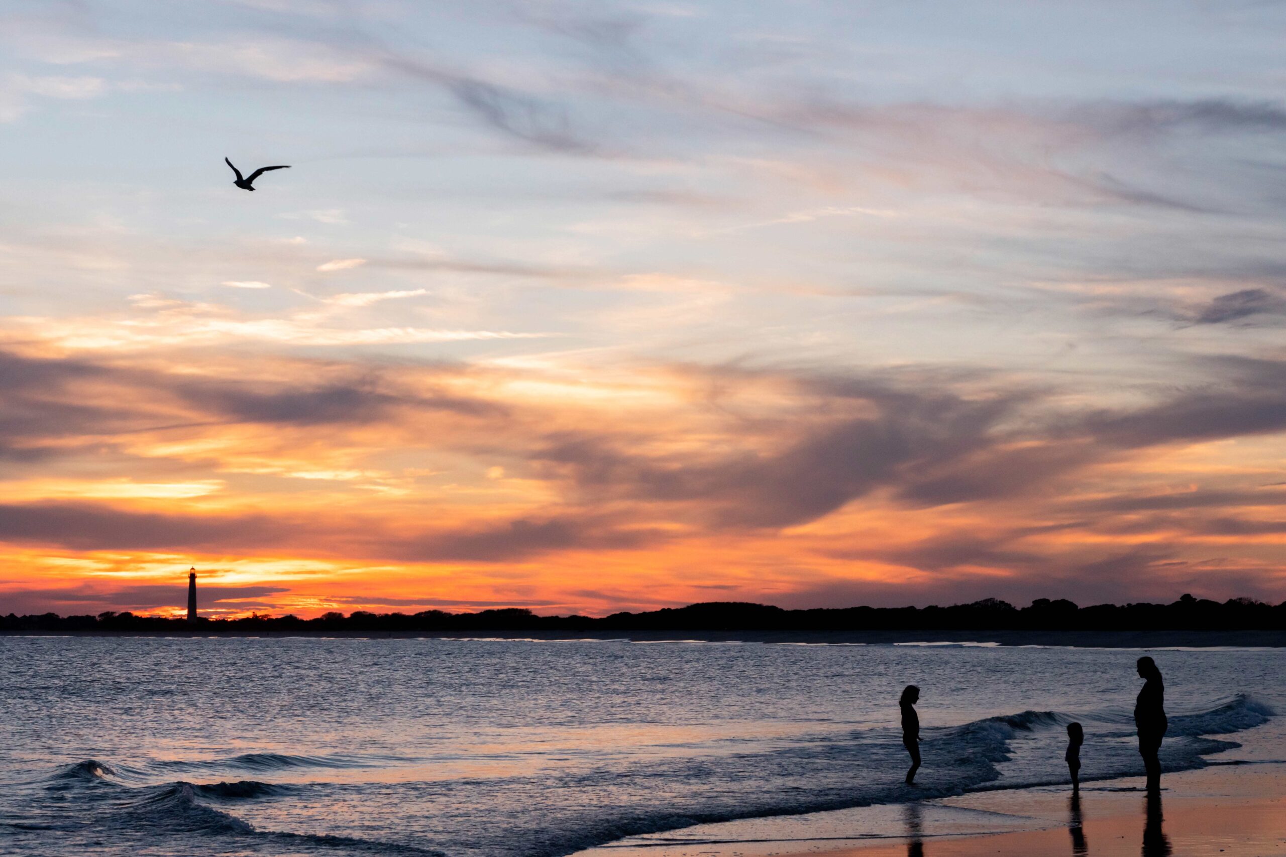 A parent and two children standing at the ocean with a seagull flying in the sky with pink and purple clouds at sunset with the Cape May Lighthouse in the distance
