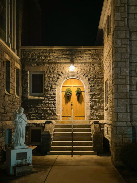 Side door of Our Lady Star of the Sea taken at night.