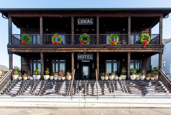 Snowy Scene on the Steps of the Lokal Hotel