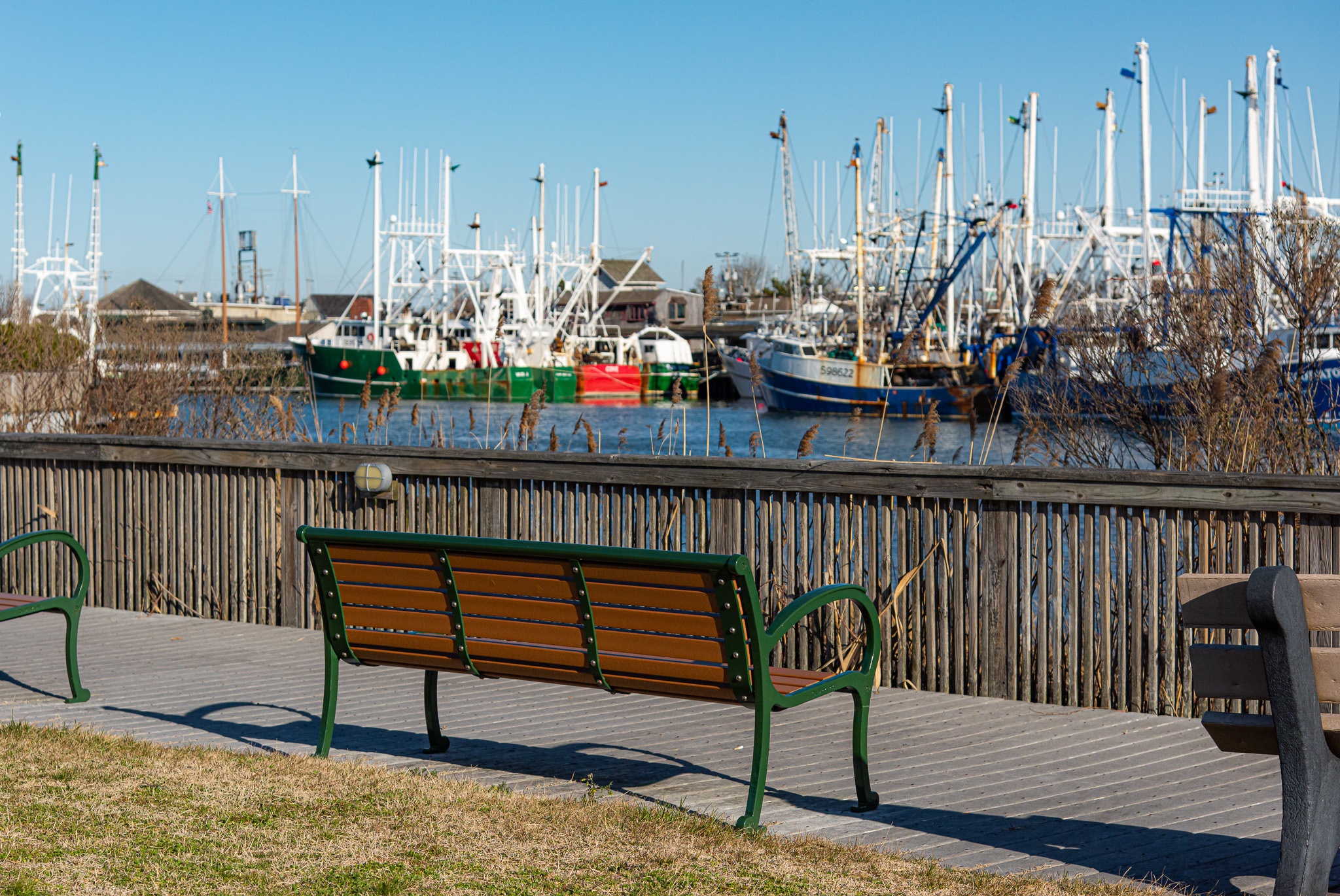 The Harborview Park where benches are to look at the fishing boats at The Lobster House.