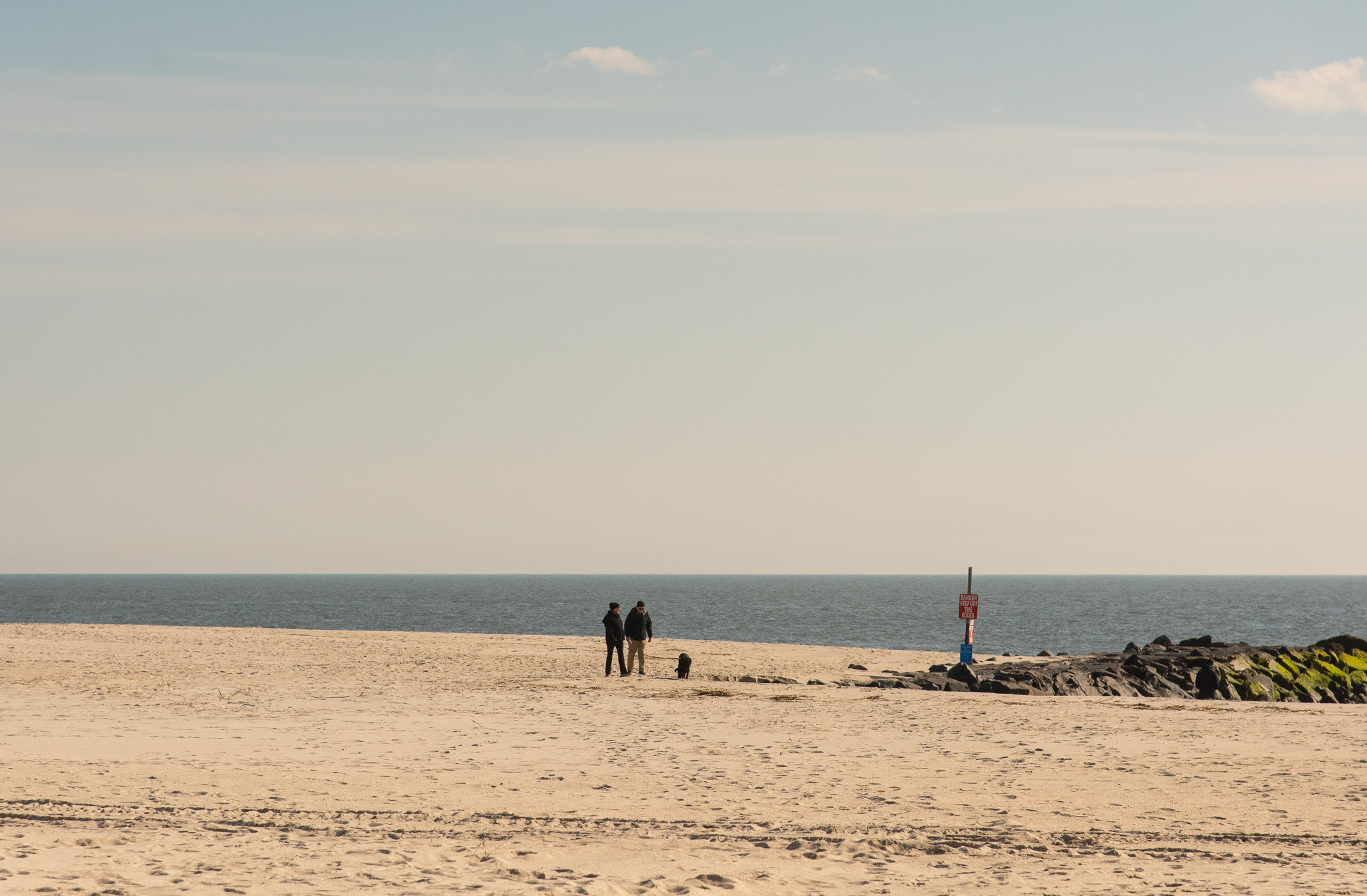 a couple walking a dog on the beach in the late afternoon