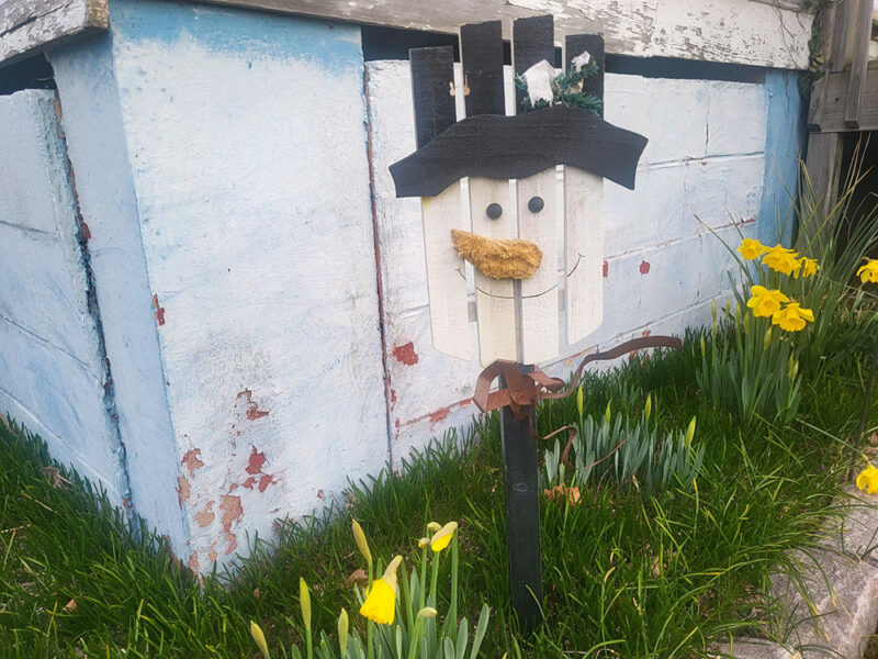a wooden snowman yard decoration surrounded by blooming daffodils