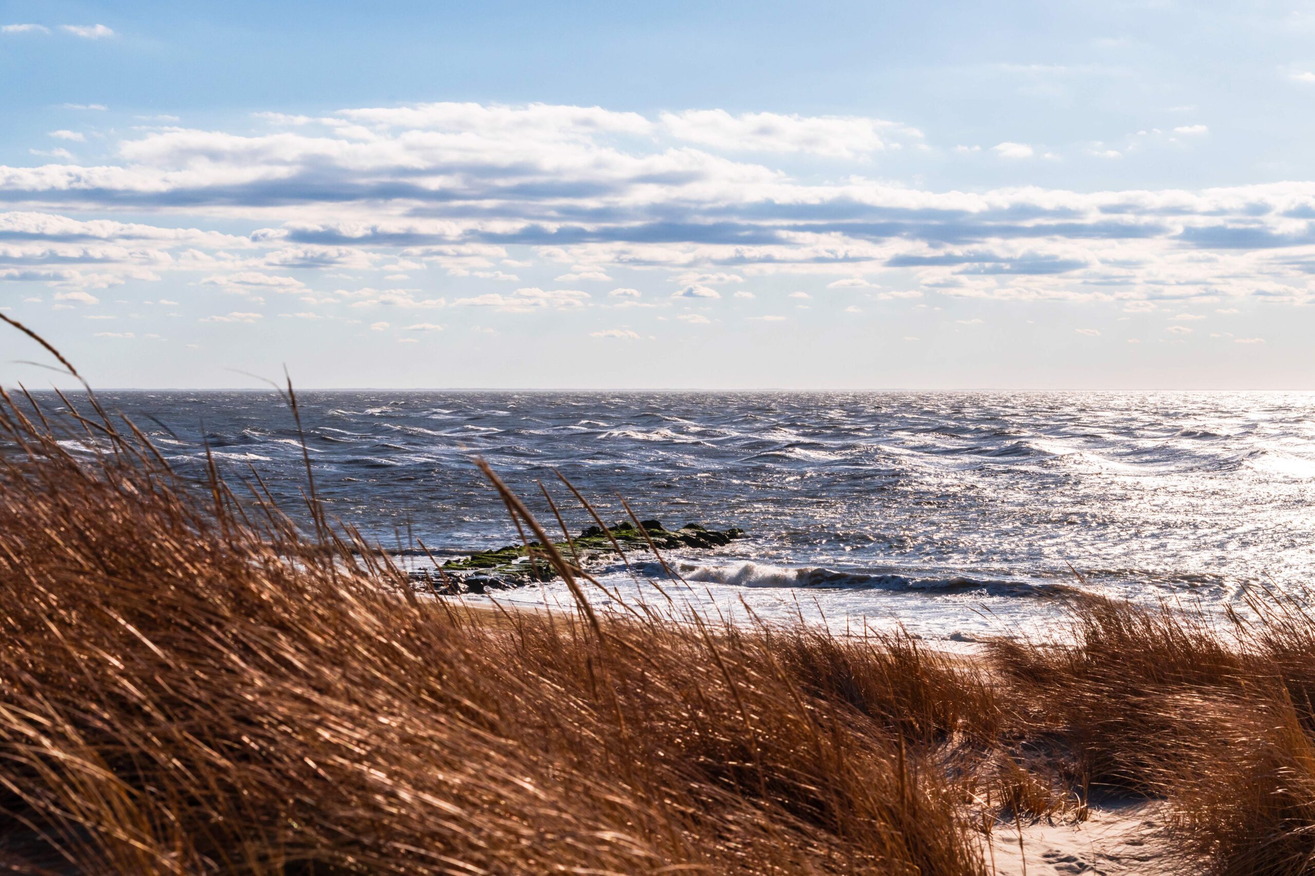 Wind blowing waves and the ocean with thin white clouds in a blue sky and beach dunes blowing on the beach