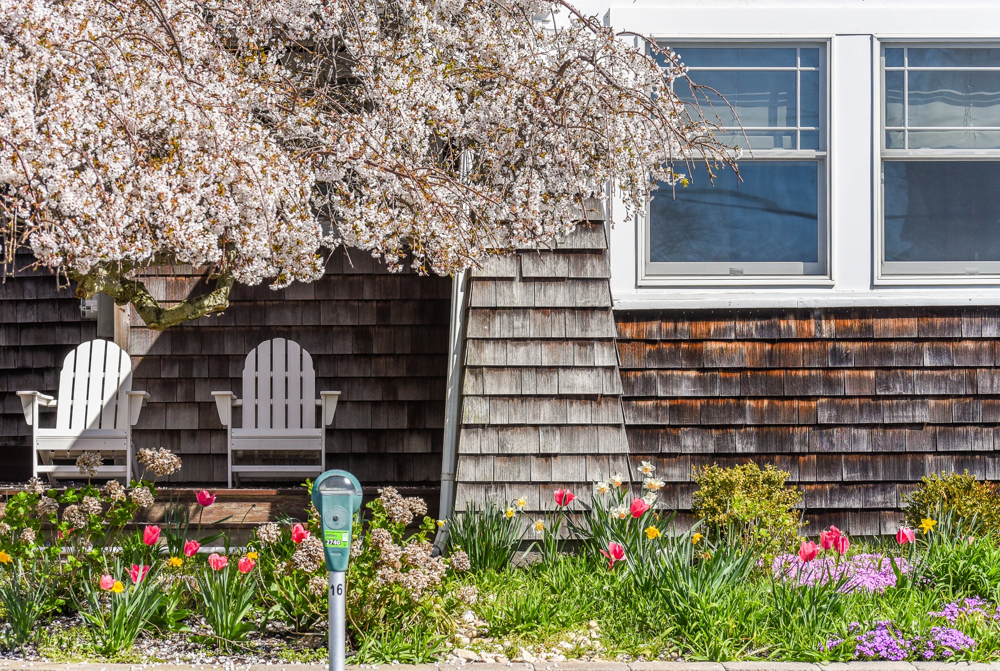 A sunny day where all the flowers will make you smile while sitting on this porch.