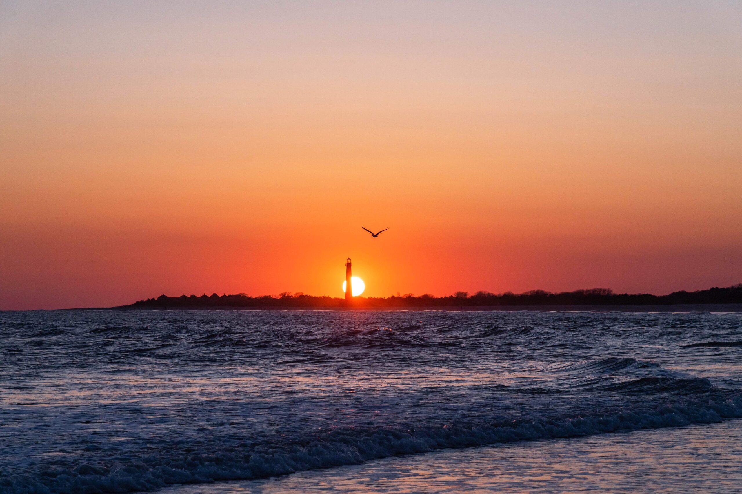 The sun setting directly behind the Cape May Lighthouse with a seagull flying by and a clear pink and orange sky