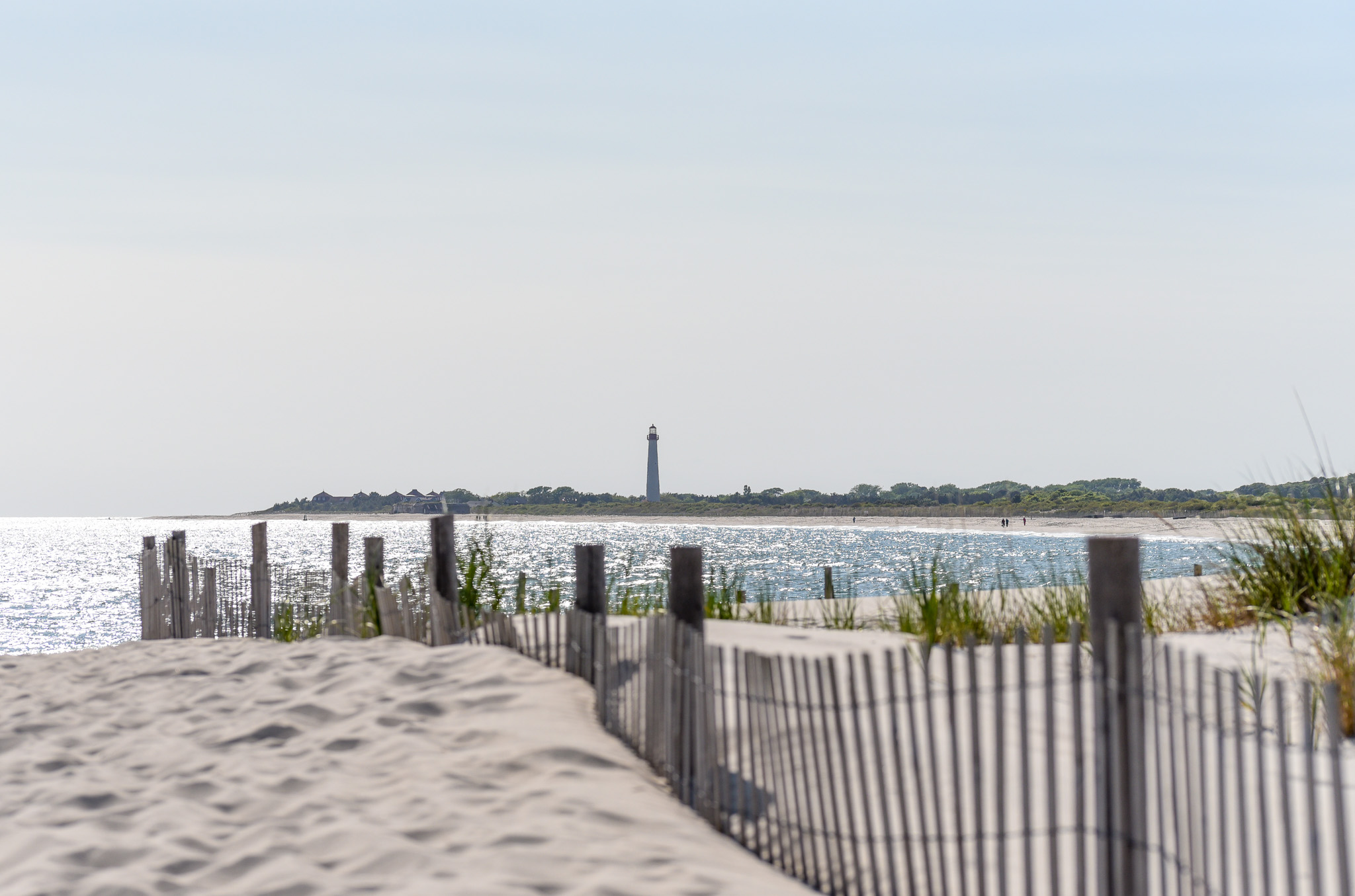 The Cove at 5 pm of the water shimmering and the Cape May Lighthouse. 