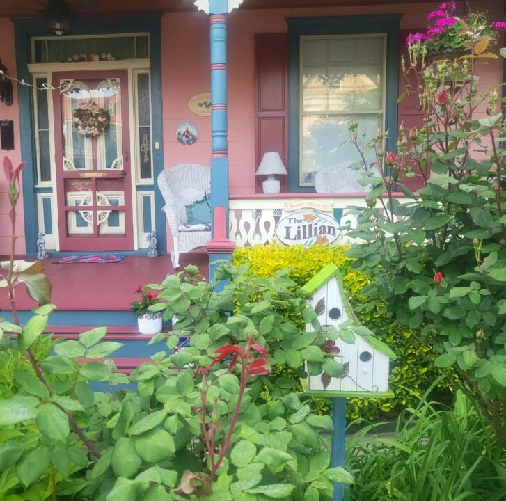 A rose bush in front of a mauve and blue front porch, with a painted sign that reads The Lillian