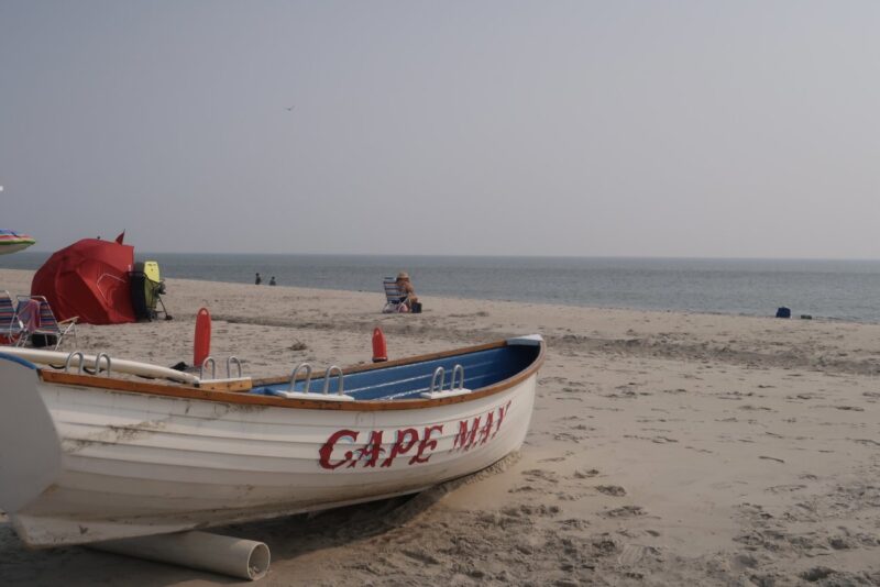 Cape May lifeguard boat on foggy beach day
