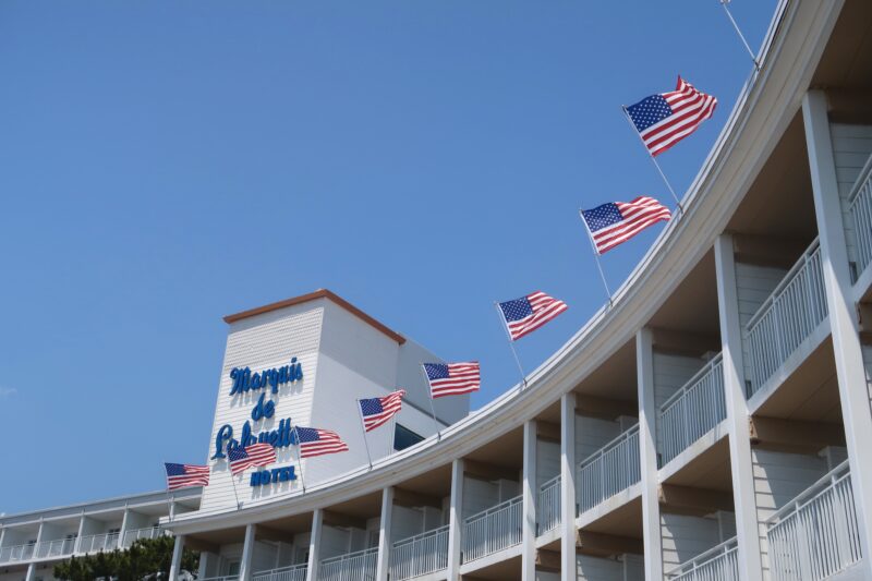 American flags on top of the Marquis de Lafayette hotel in Cape May