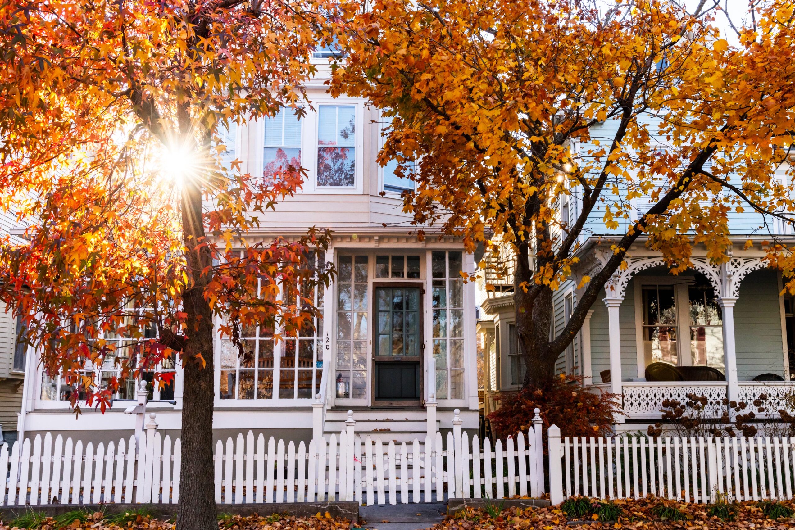 The sun shining behind Victorian houses and trees with red and orange leaves.
