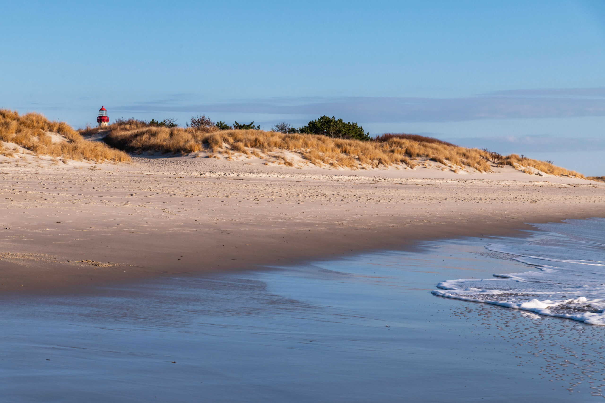 The Cape May Lighthouse peaking over beach dunes with blue sky and a blue shoreline