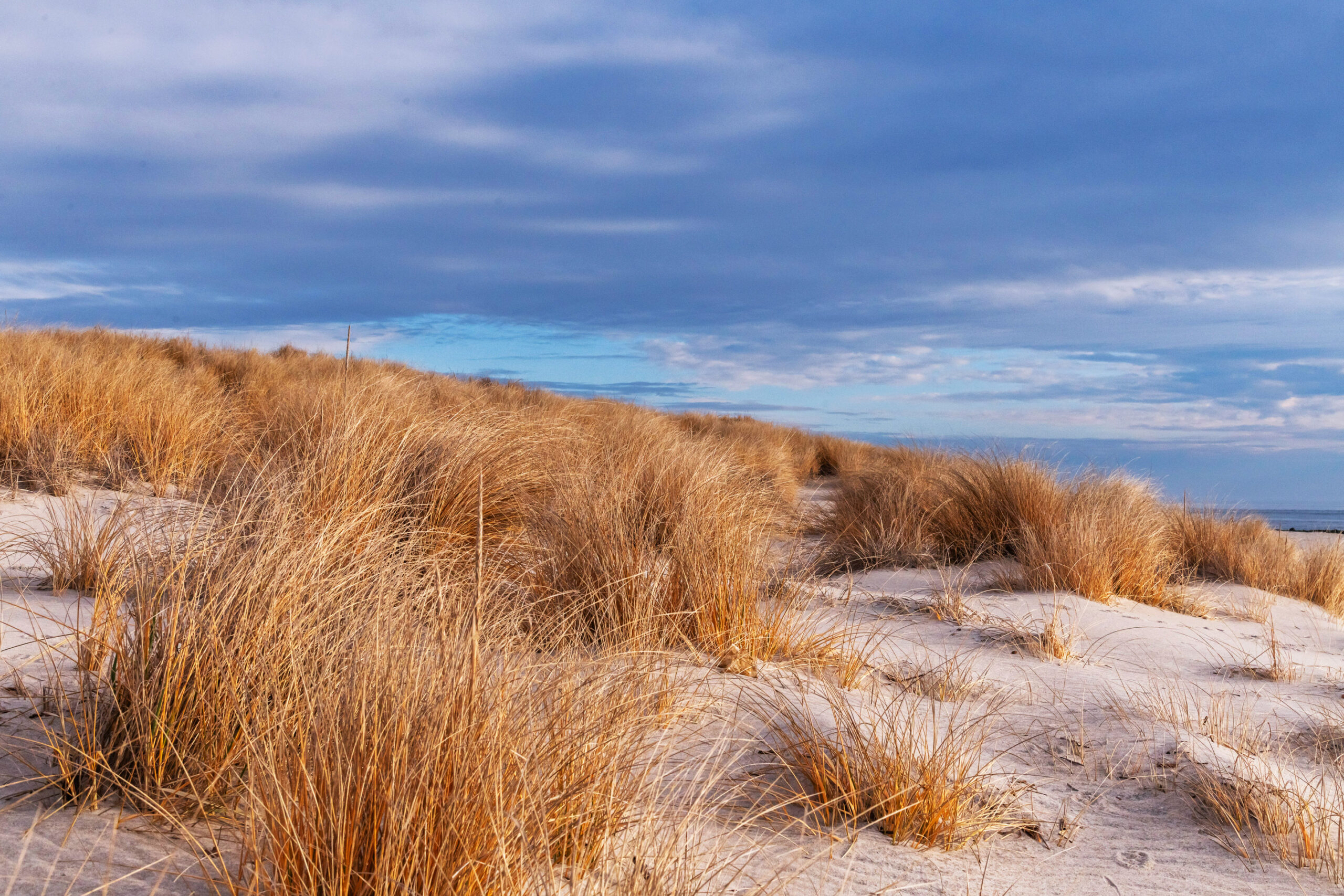 Sun shining on beach dunes with blue clouds in the sky